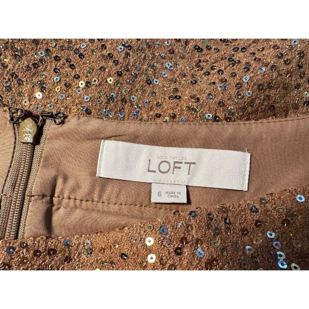 Ann Taylor LOFT Light Brown Mini Skirt With Gold Sequins Sz-6 Flirty, Unique Fun - Picture 13 of 16